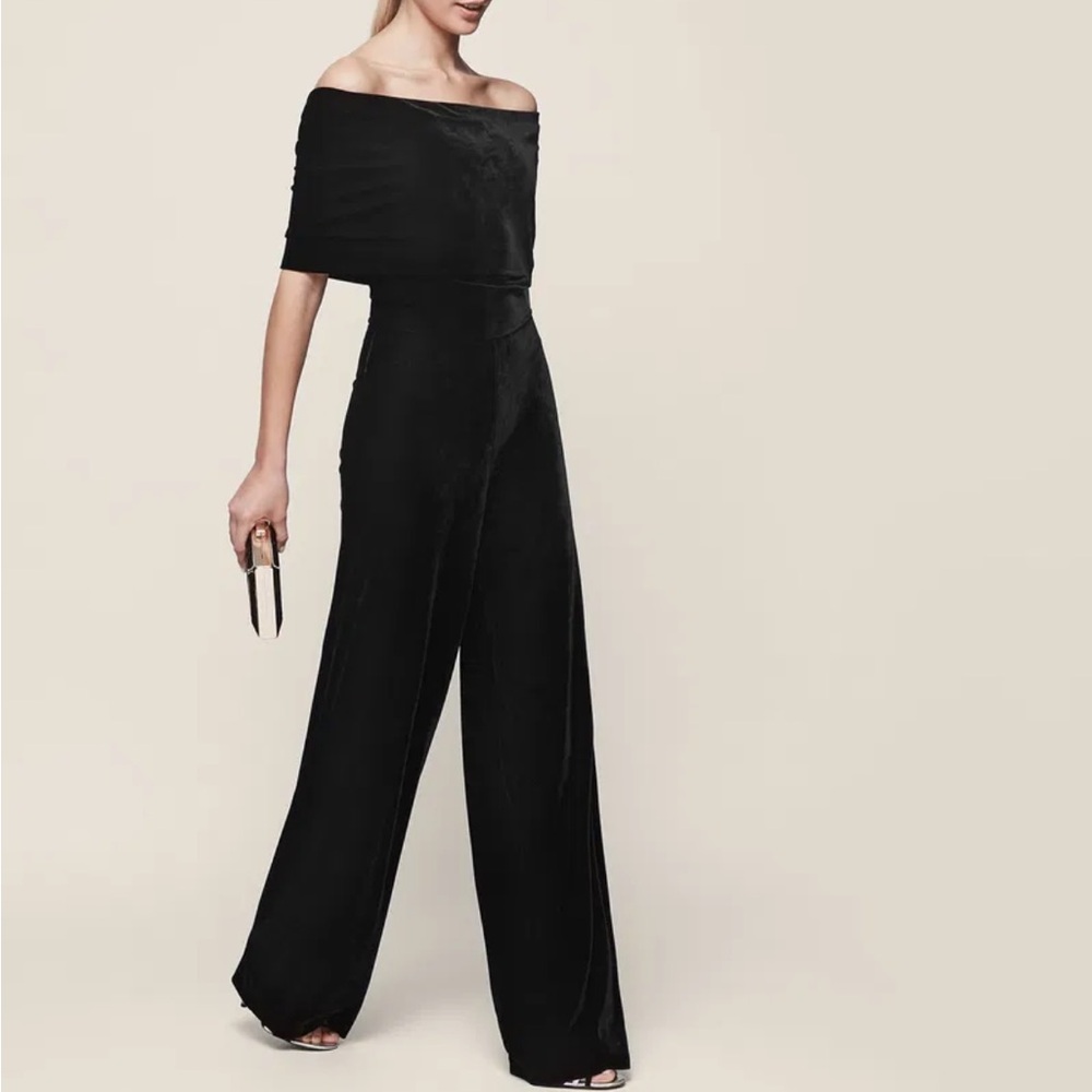 REISS Tami Off-The-Shoulder Velvet Jumpsuit black wide leg 6
